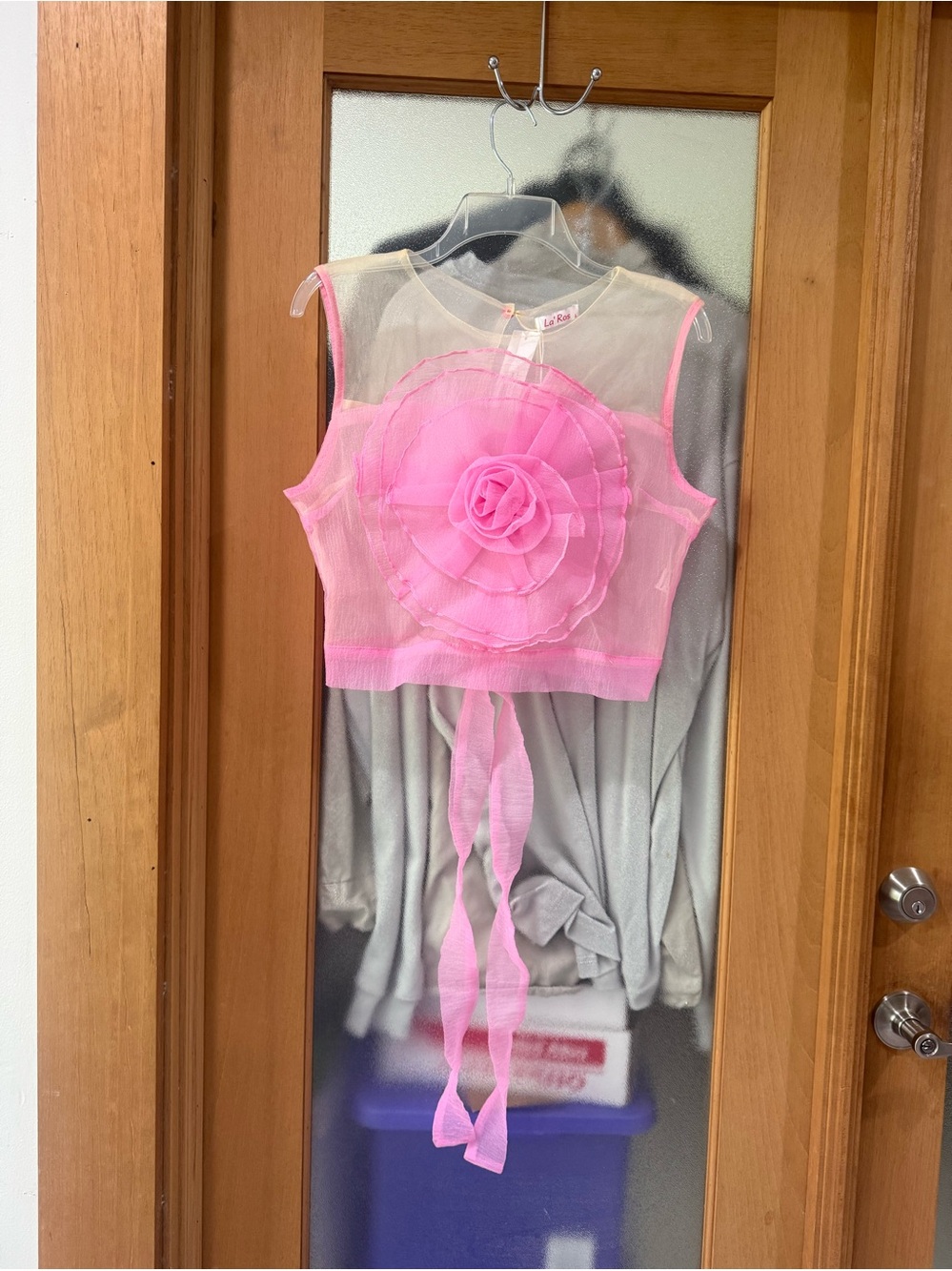 La’ Ros Sheer Pink Floral Rosette Crop Top - Size Large